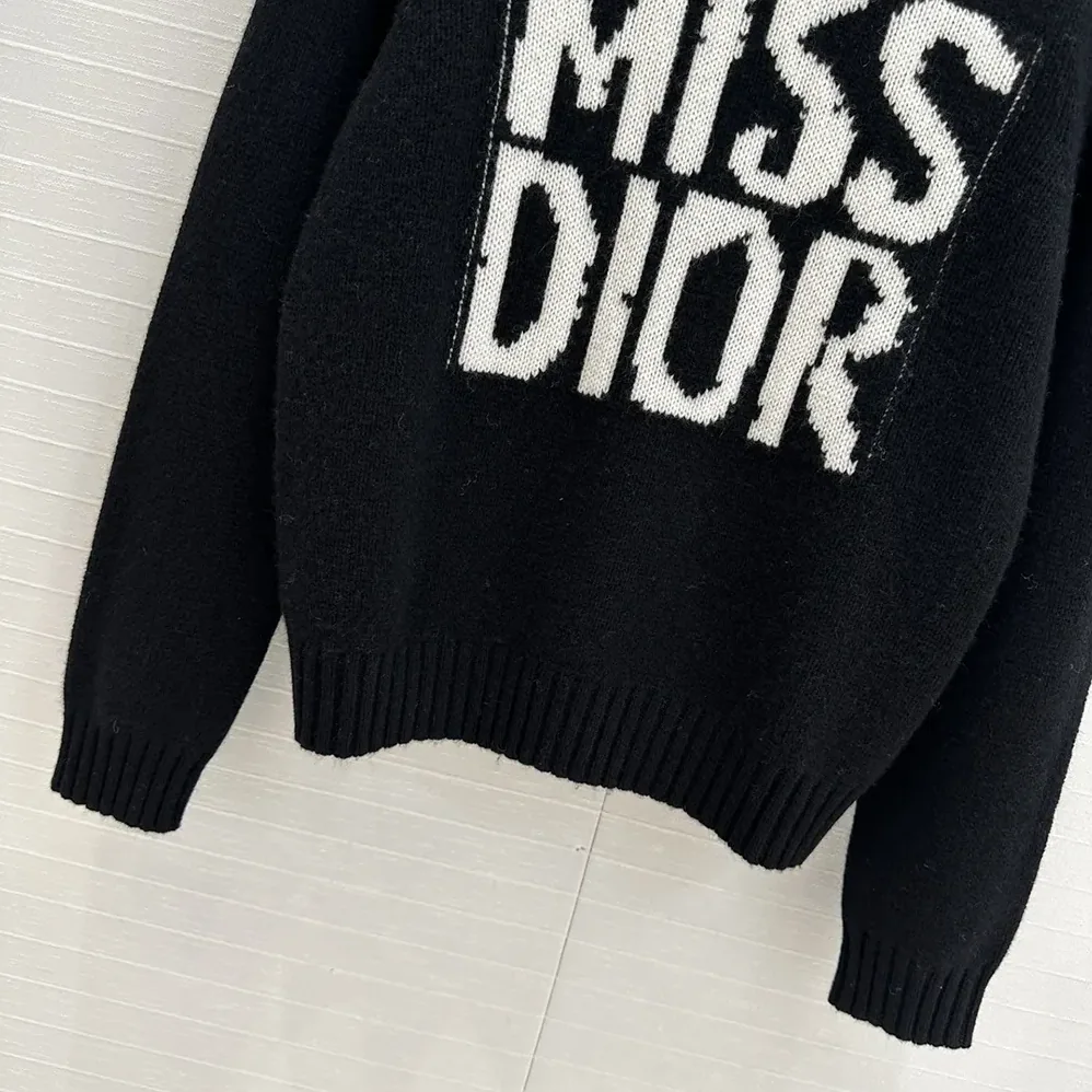 Dior Sweater Black Cashmere and Silk Knit with White Miss Dior Graffiti Motif for Women Dior Sweater Black Cashmere and Silk Knit with White Miss Dior Graffiti Motif for Women