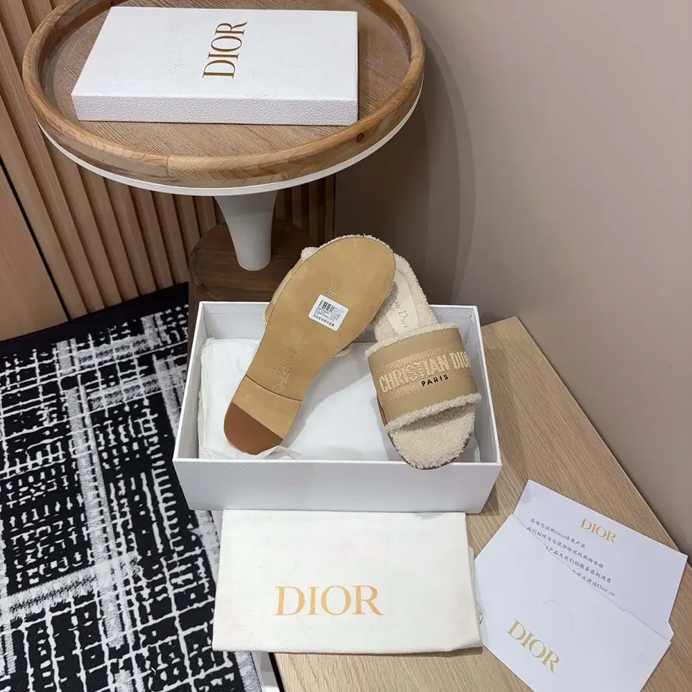 Dior Dway Slide Beige Calfskin and Embroidered Cotton for Women Dior Dway Slide Beige Calfskin and Embroidered Cotton for Women