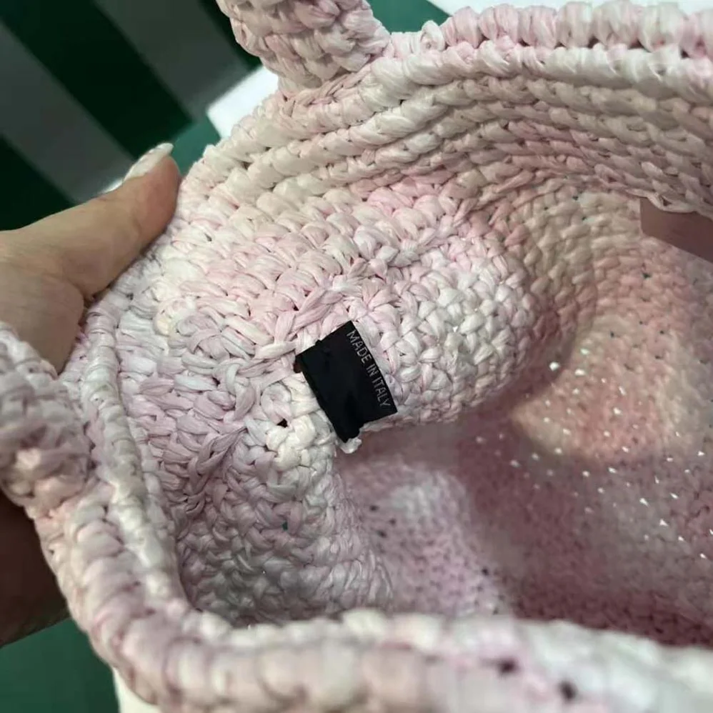 Prada Small Crochet Tote Bag with Embroidered Lettering Logo for Women in Pink Prada Small Crochet Tote Bag with Embroidered Lettering Logo for Women in Pink