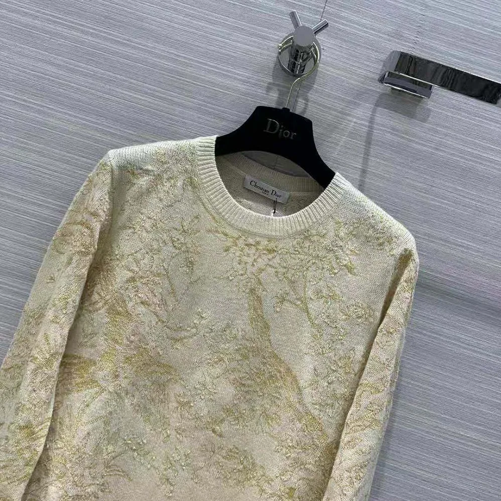 Dior Sweater Gold-Tone Technical Cashmere Knit Embroidered with Metallic Thread in a Dior Jardin D'Hiver Motif for Women