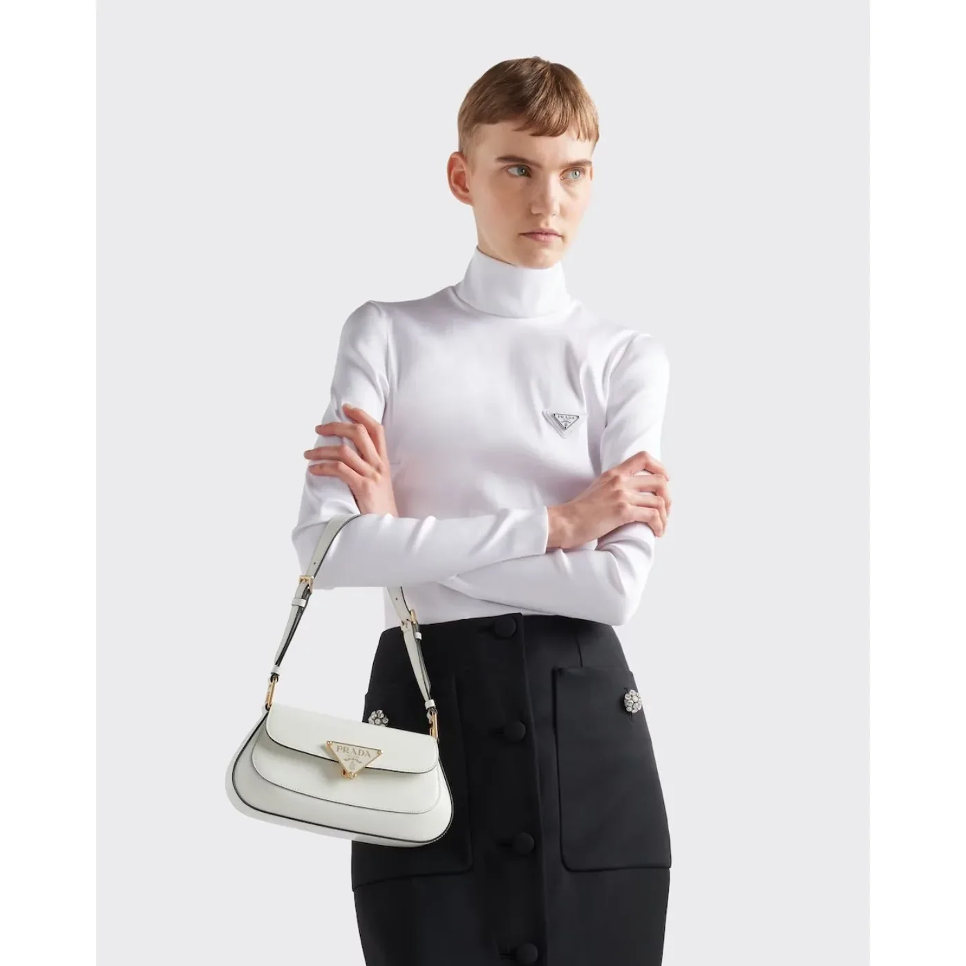 Prada Brushed Leather Shoulder White Bag 1BD345_ZO6_F02EU_V_HTO- / 9.4 Inches