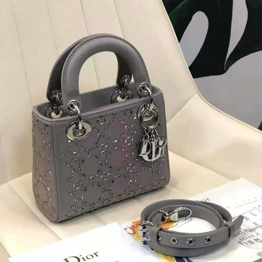 Dior Mini Lady Dior Bag Gray Strass Cannage Satin for Women