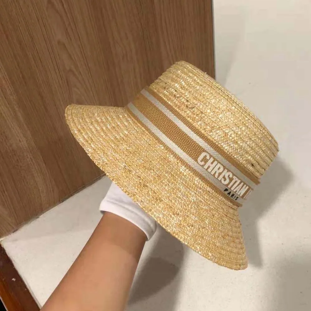 Dior Dioresort Small Brim Hat Natural Straw and Pink Embroidered Band for Women