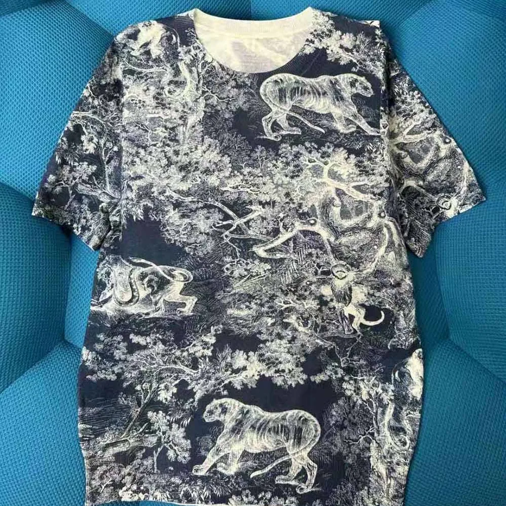 Dior T-shirt Navy Blue Toile de Jouy Cotton and Linen Jersey for Women