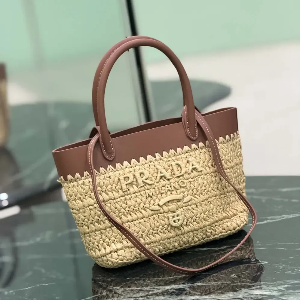 Prada Mini Crochet and Leather Tote Bag for Women Prada Mini Crochet and Leather Tote Bag for Women
