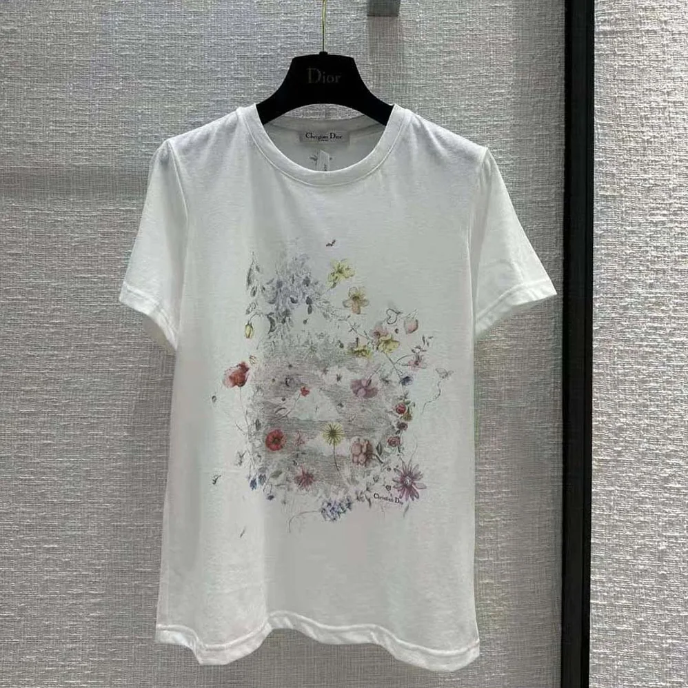 Dior T-shirt White Cotton and Linen Jersey with Red Multicolor Florilegio Motif for Women