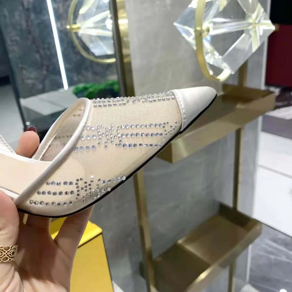 Fendi Colibri Pink Mesh High-Heeled Slingbacks with Rhinestone Embroidery for Women Fendi Colibri Pink Mesh High-Heeled Slingbacks with Rhinestone Embroidery for Women