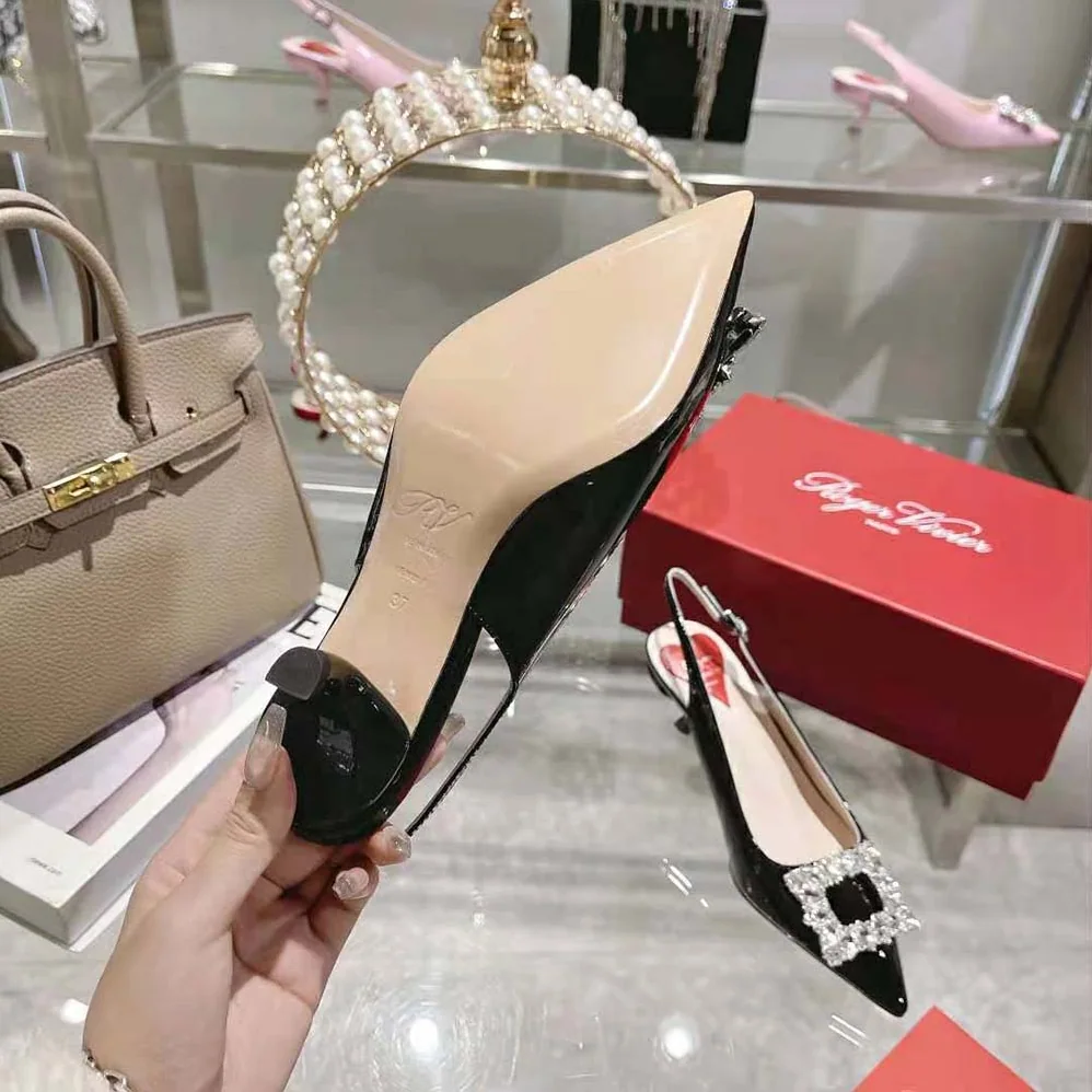 Roger Vivier Virgule Strass Buckle Slingback Pumps in Patent Leather for Women in Black Roger Vivier Virgule Strass Buckle Slingback Pumps in Patent Leather for Women in Black