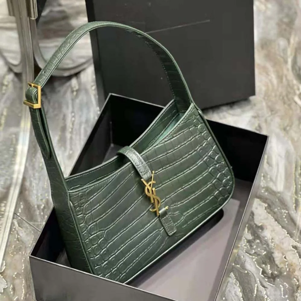 Saint Laurent YSL Le 5 A 7 Hobo Bag in Crocodile-Embossed Leather for Women in Green Saint Laurent YSL Le 5 A 7 Hobo Bag in Crocodile-Embossed Leather for Women in Green