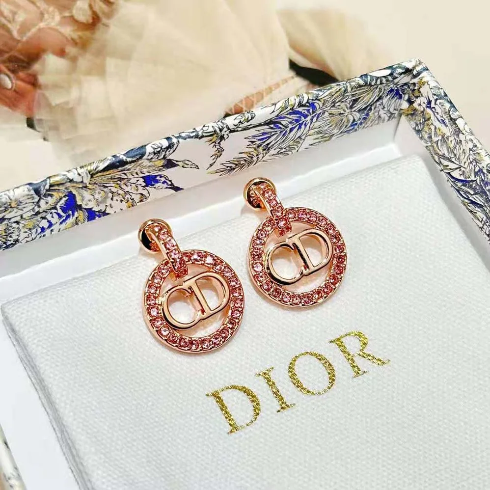 Dior Petit CD Earrings Pink-Finish Metal and White Crystals for Women Dior Petit CD Earrings Pink-Finish Metal and White Crystals for Women