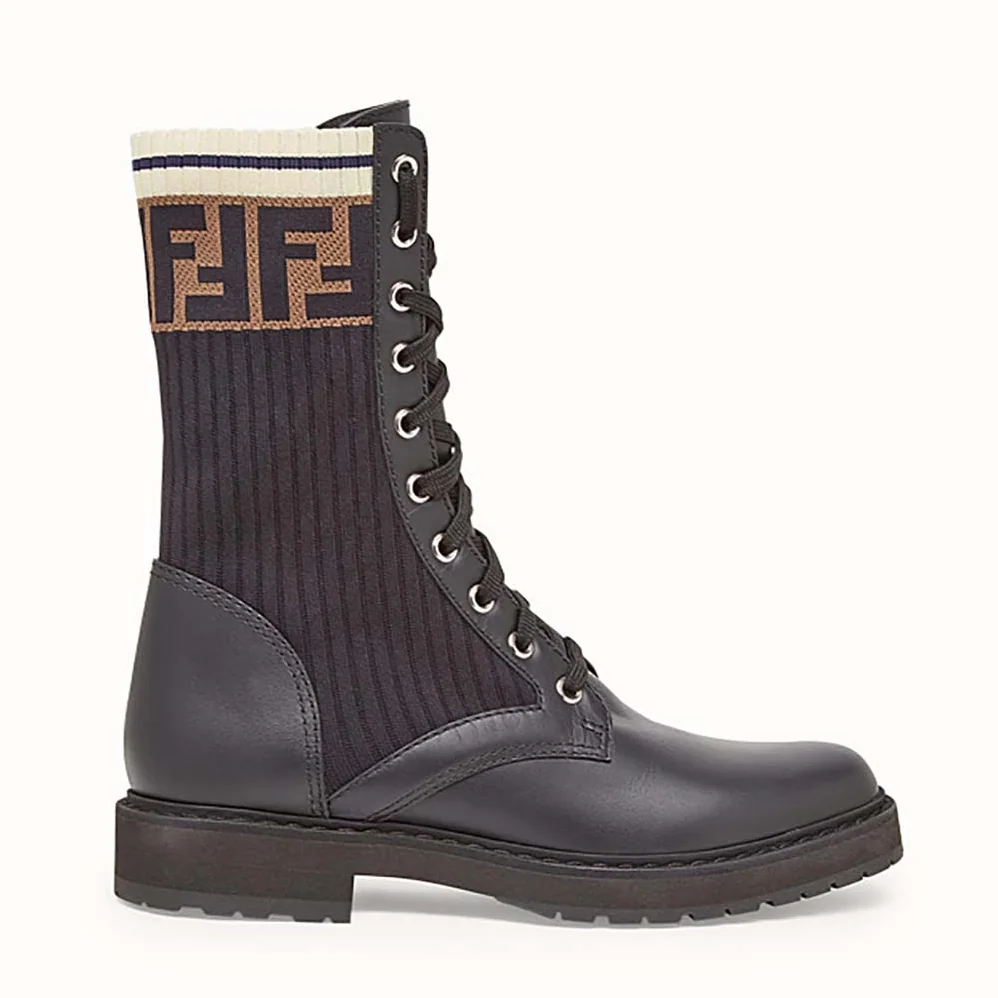Fendi Rockoko Black Leather Biker Boots with Stretch Fabric for Women