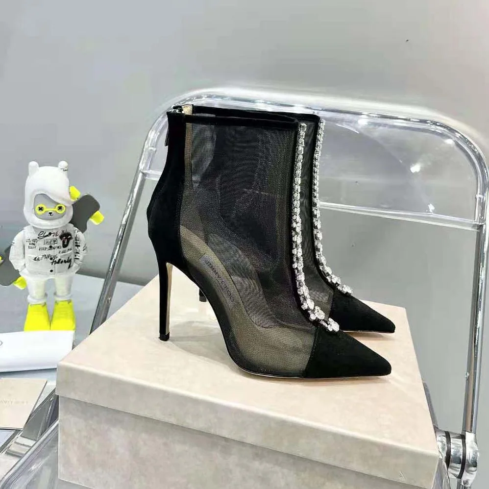 Jimmy Choo Bing Boot 100 Black Suede and Mesh Ankle Boots with Crystal Embellishment for Women