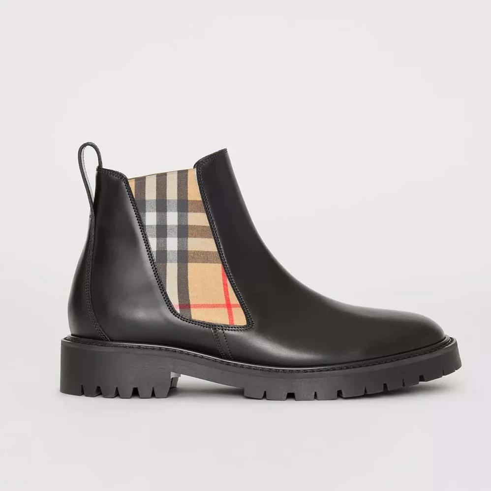 Burberry Vintage Check Detail Leather Chelsea Boots for Women in Black Burberry Vintage Check Detail Leather Chelsea Boots for Women in Black