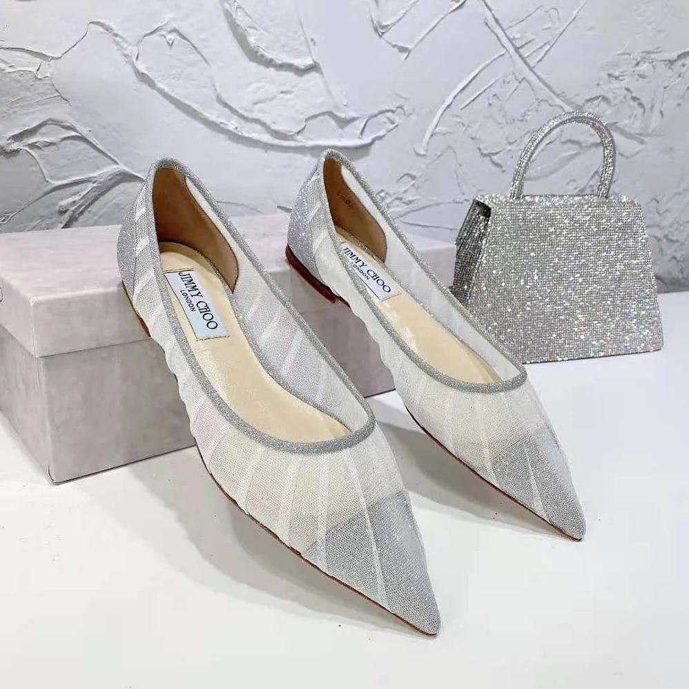Jimmy Choo Love Flat Metallic Silver Glitter Fabric Flats for Women Jimmy Choo Love Flat Metallic Silver Glitter Fabric Flats for Women