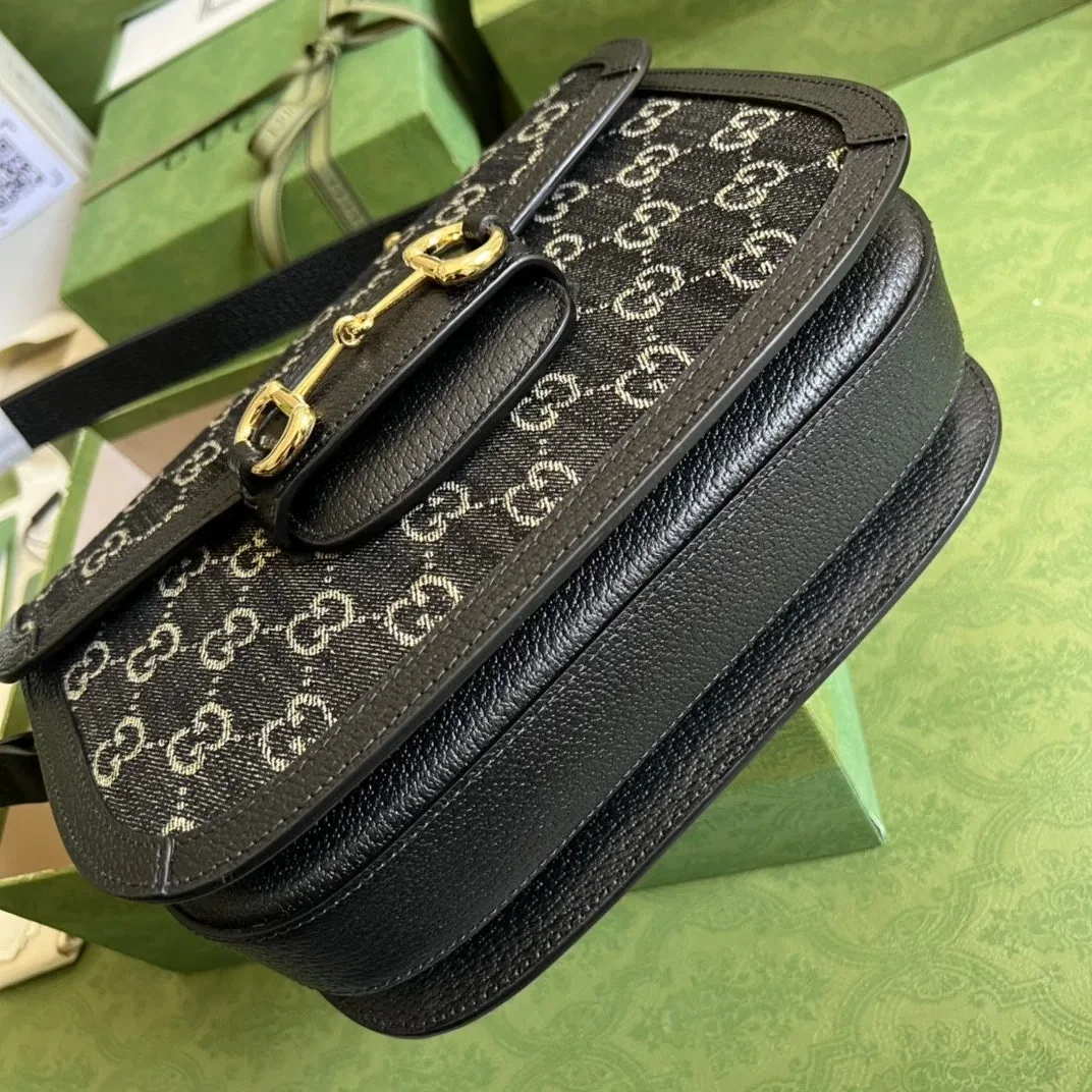 Gucci Horsebit 1955 Shoulder Bag Black And Ivory GG Denim Jacquard / Gucci Horsebit 1955 Shoulder Bag Black And Ivory GG Denim Jacquard /