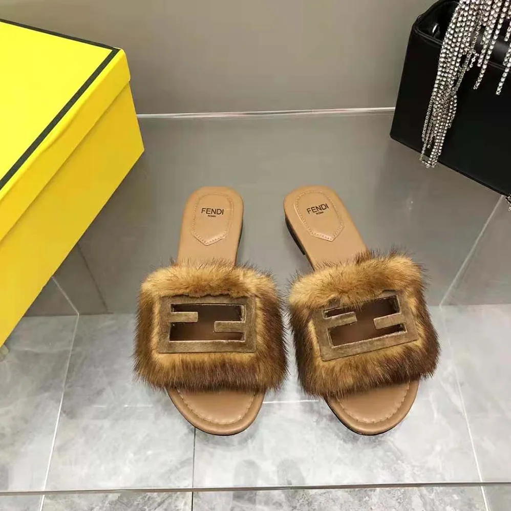 Fendi Signature Brown Mink Slides for Women