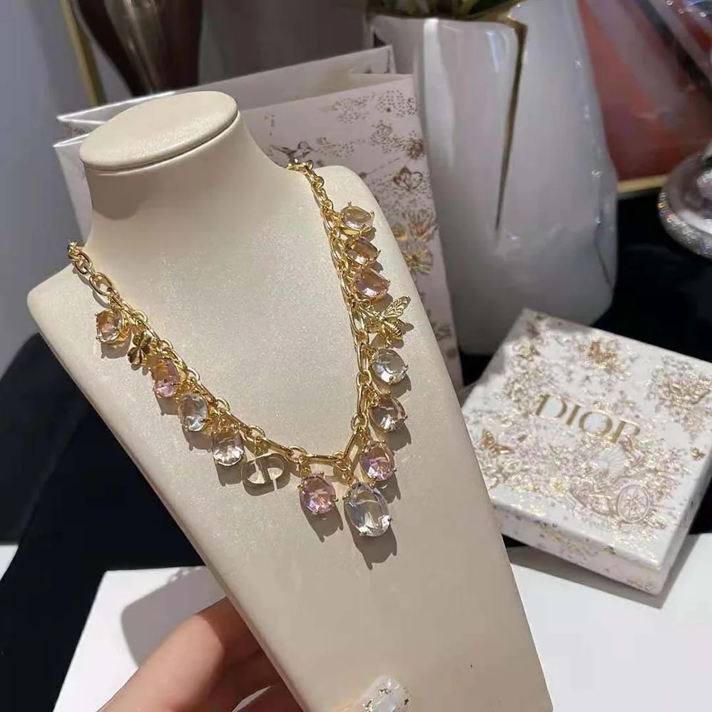 Dior Petit CD Necklace Gold-Finish Metal and Multicolor Crystals with White Resin Pearl for Women