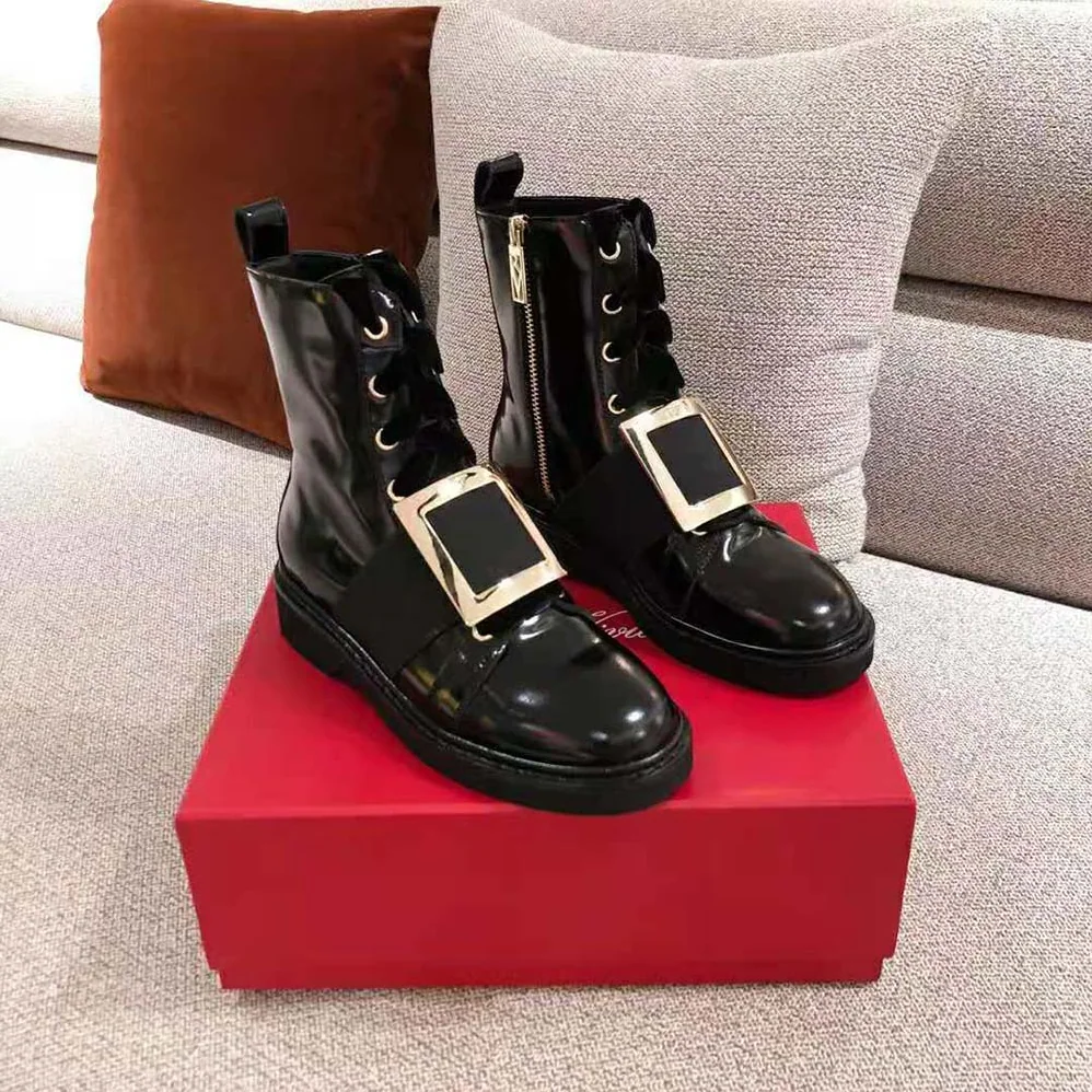 Roger Vivier Viv' Rangers Metal Buckle Ankle Boots in 1.5cm Heel for Women in Black