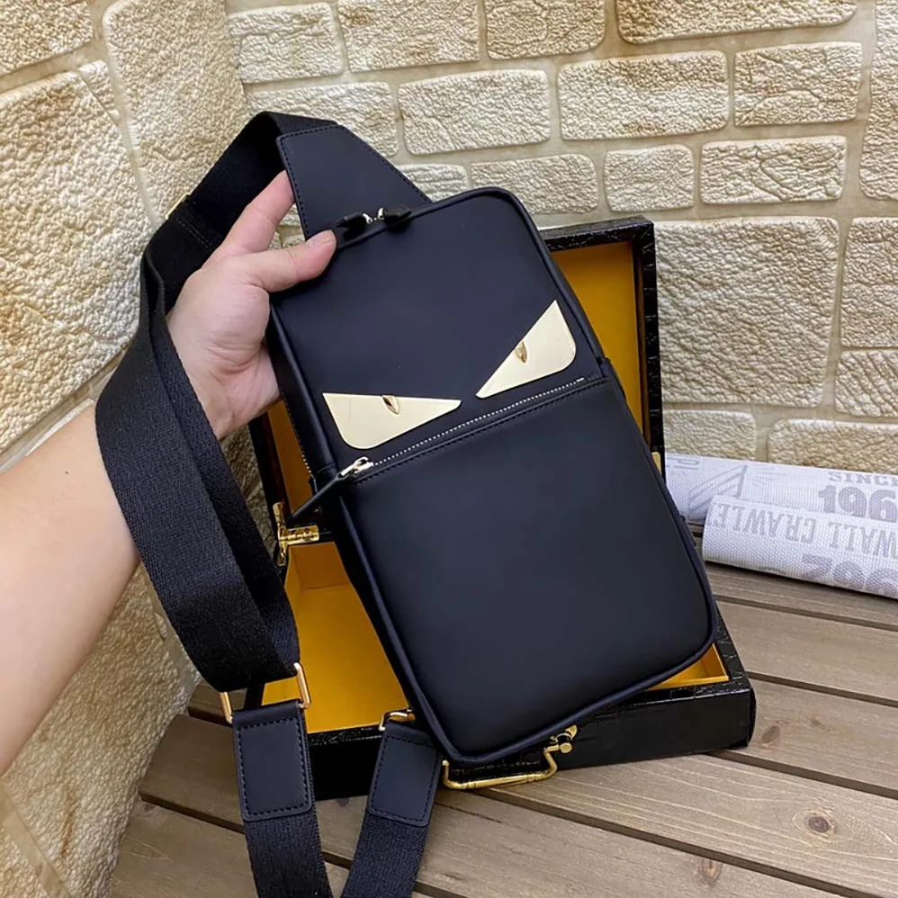 Fendi Monster Sling Bag Nylon And Leather Medium Crossbody Bag In Black for Men Fendi Monster Sling Bag Nylon And Leather Medium Crossbody Bag In Black for Men