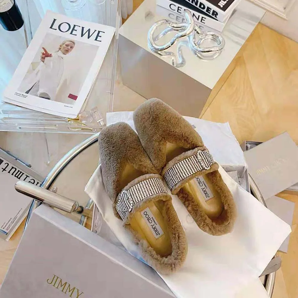 Jimmy Choo Krista Flat Latte Faux Fur Flats with Crystal for Women in Embellished Strap Jimmy Choo Krista Flat Latte Faux Fur Flats with Crystal for Women in Embellished Strap