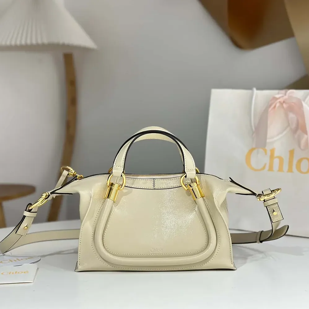 Chloe Small Paraty 24 Bag in Shiny Leather for Women in Beige