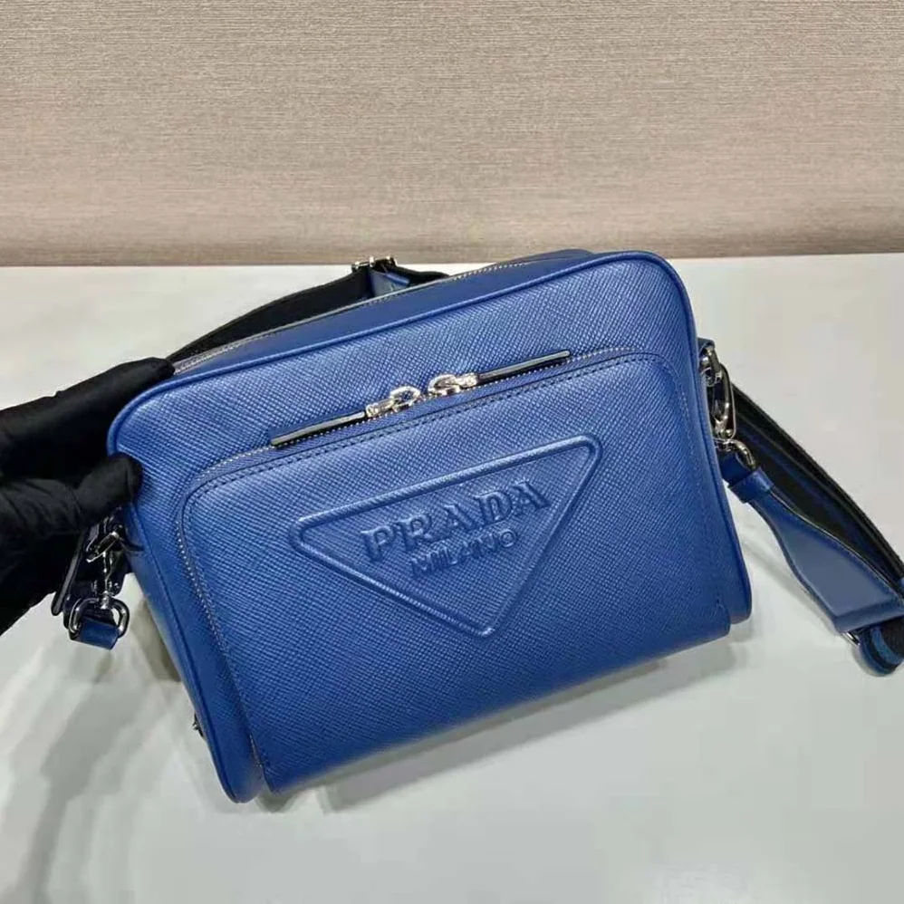Prada Saffiano Leather Shoulder Bag With Iconic Prada Material for Men in Navy