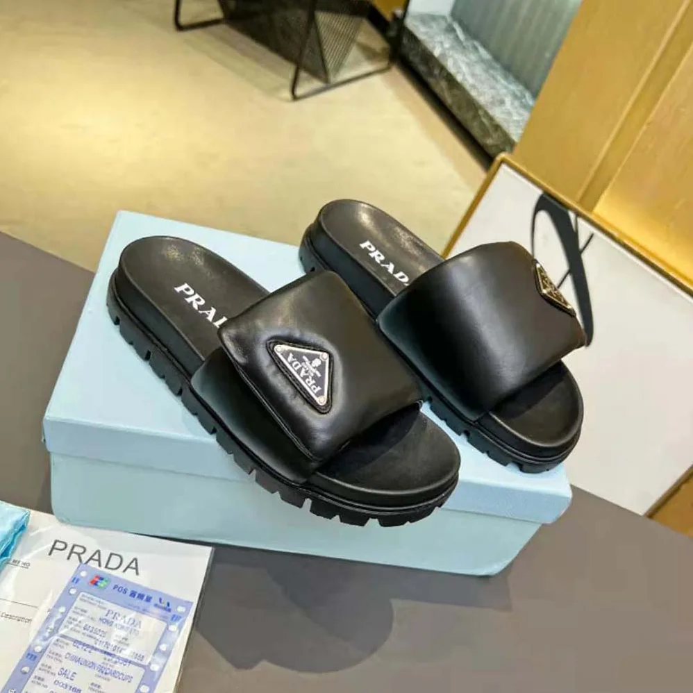 Prada Soft Padded Nappa Leather Slides for Women in Black