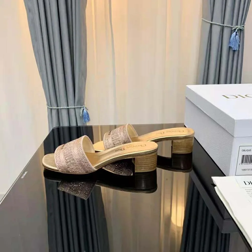 Dior Dway Heeled Slide Gold for Women in Tone Cotton Embroidered Dior Dway Heeled Slide Gold for Women in Tone Cotton Embroidered