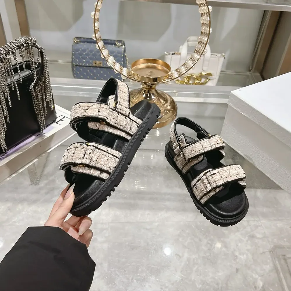 Dior Dioract Sandal Beige and Black Cannage Tweed for Women