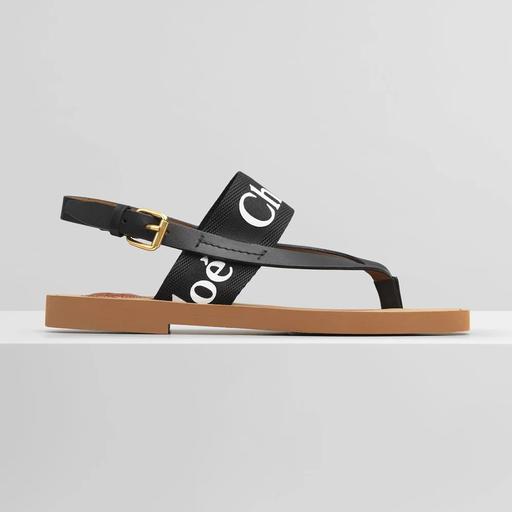 Chloe Woody Flat Sandal in Calfskin and Canvas for Women in Black