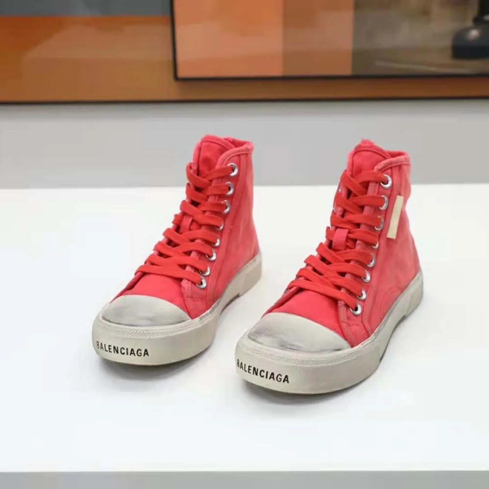 Balenciaga Paris High Top Sneaker in Red Destroyed Cotton and White Rubber for Unisex Balenciaga Paris High Top Sneaker in Red Destroyed Cotton and White Rubber for Unisex