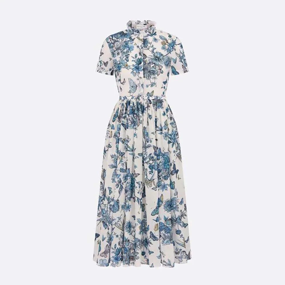 Dior Mid-length Shirt Dress White and Pastel Midnight Blue Cotton Voile for Women Dior Mid-length Shirt Dress White and Pastel Midnight Blue Cotton Voile for Women