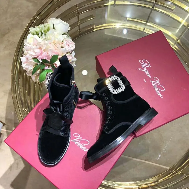 Roger Vivier Shoes Viv' Rangers Strass Buckle Fabric Ankle Boots for Women in Black
