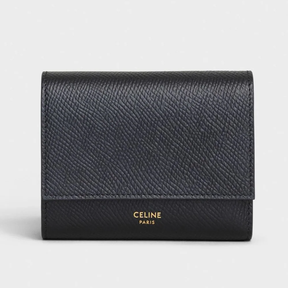 Celine Small Trifold Wallet in Grained Calfskin for Women in Black