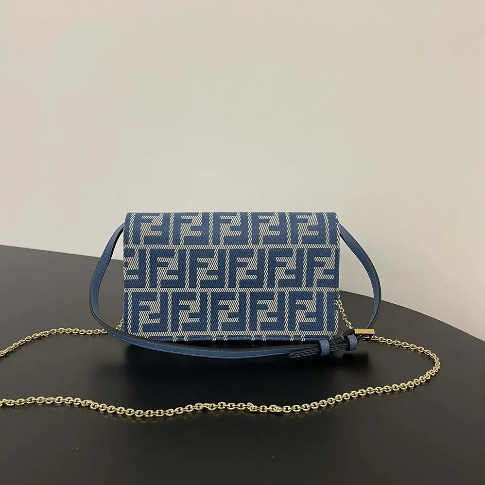 Fendi Wallet On Chain Baguette Blue Denim for Women in effect FF Jacquard Wallet