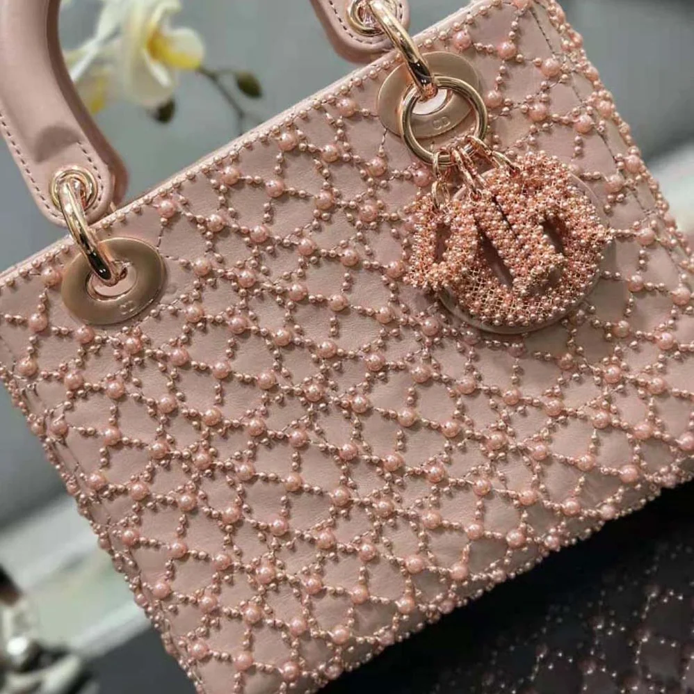 Dior Small Lady Dior Bag Rose Des Vents Cannage Calfskin Embroidered with Resin Pearls for Women Dior Small Lady Dior Bag Rose Des Vents Cannage Calfskin Embroidered with Resin Pearls for Women