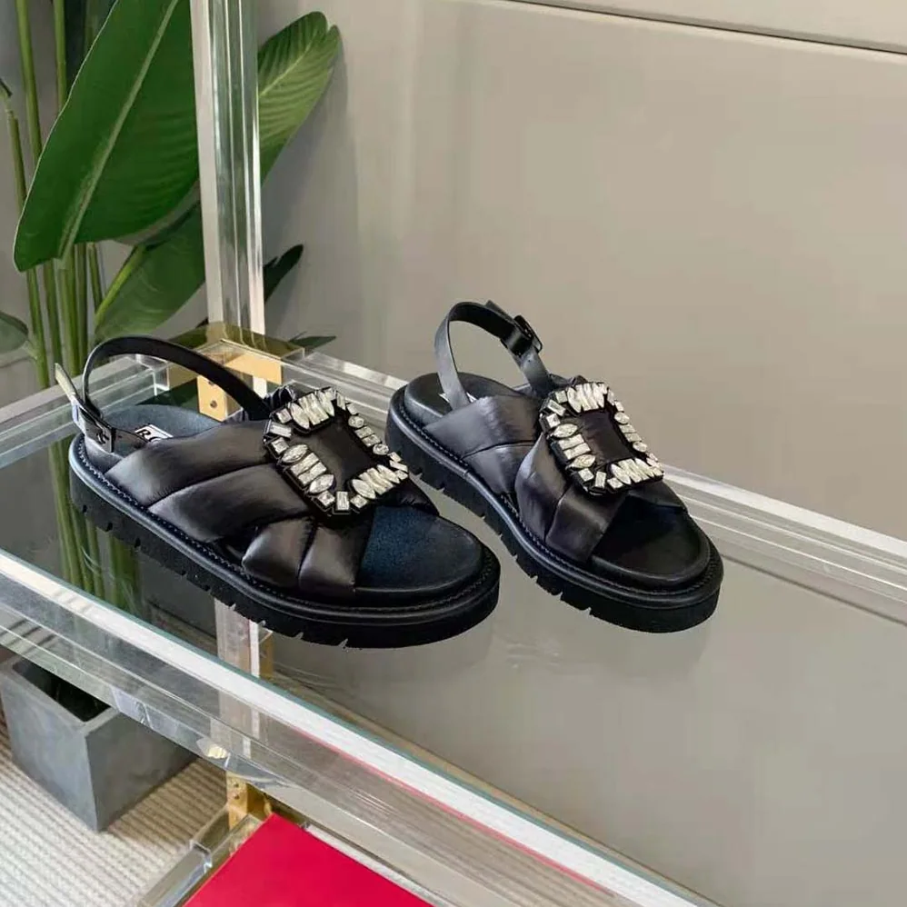 Roger Vivier Viv Winter Puffy Strass Buckle Sandals in Fabric for Women in Black Roger Vivier Viv Winter Puffy Strass Buckle Sandals in Fabric for Women in Black