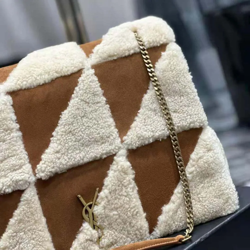 Saint Laurent YSL Jamie Giant Chain Bag “Carré Rive Gauche” in Suede and Shearling Patchwork for Women in Brown Saint Laurent YSL Jamie Giant Chain Bag “Carré Rive Gauche” in Suede and Shearling Patchwork for Women in Brown
