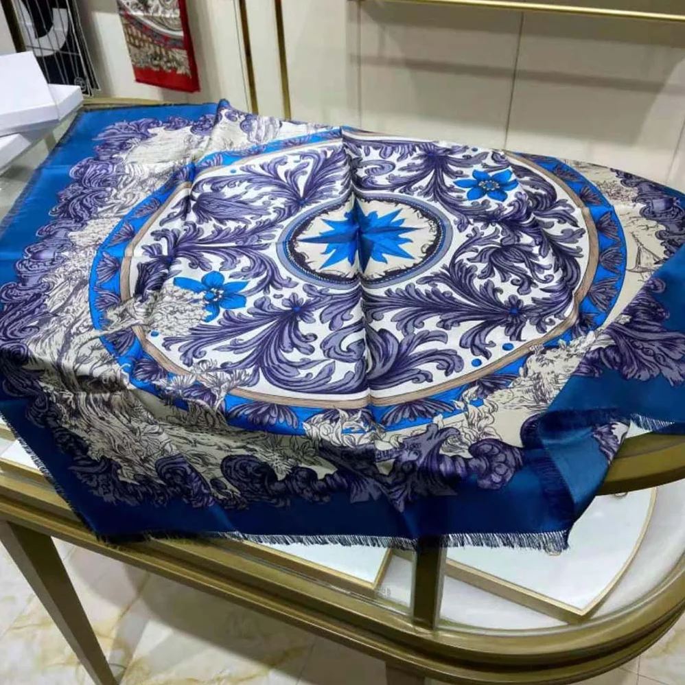 Dior Rose Des Vents 90 Square Scarf Royal Blue and White Silk Twill for Women