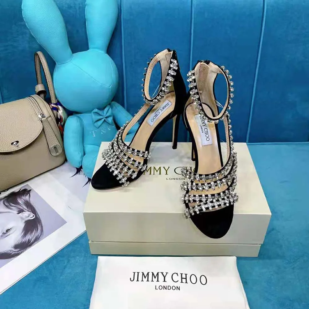 Jimmy Choo Josefine 100 Black Suede Sandals with Crystal Embellishment for Women Jimmy Choo Josefine 100 Black Suede Sandals with Crystal Embellishment for Women
