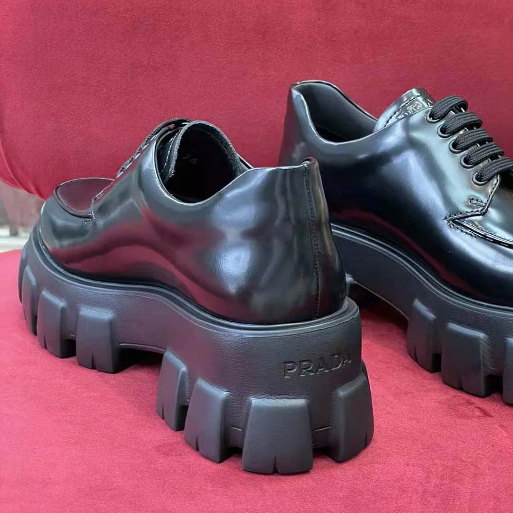 Prada Monolith Brushed Leather Lace-up Shoes for Women in Black