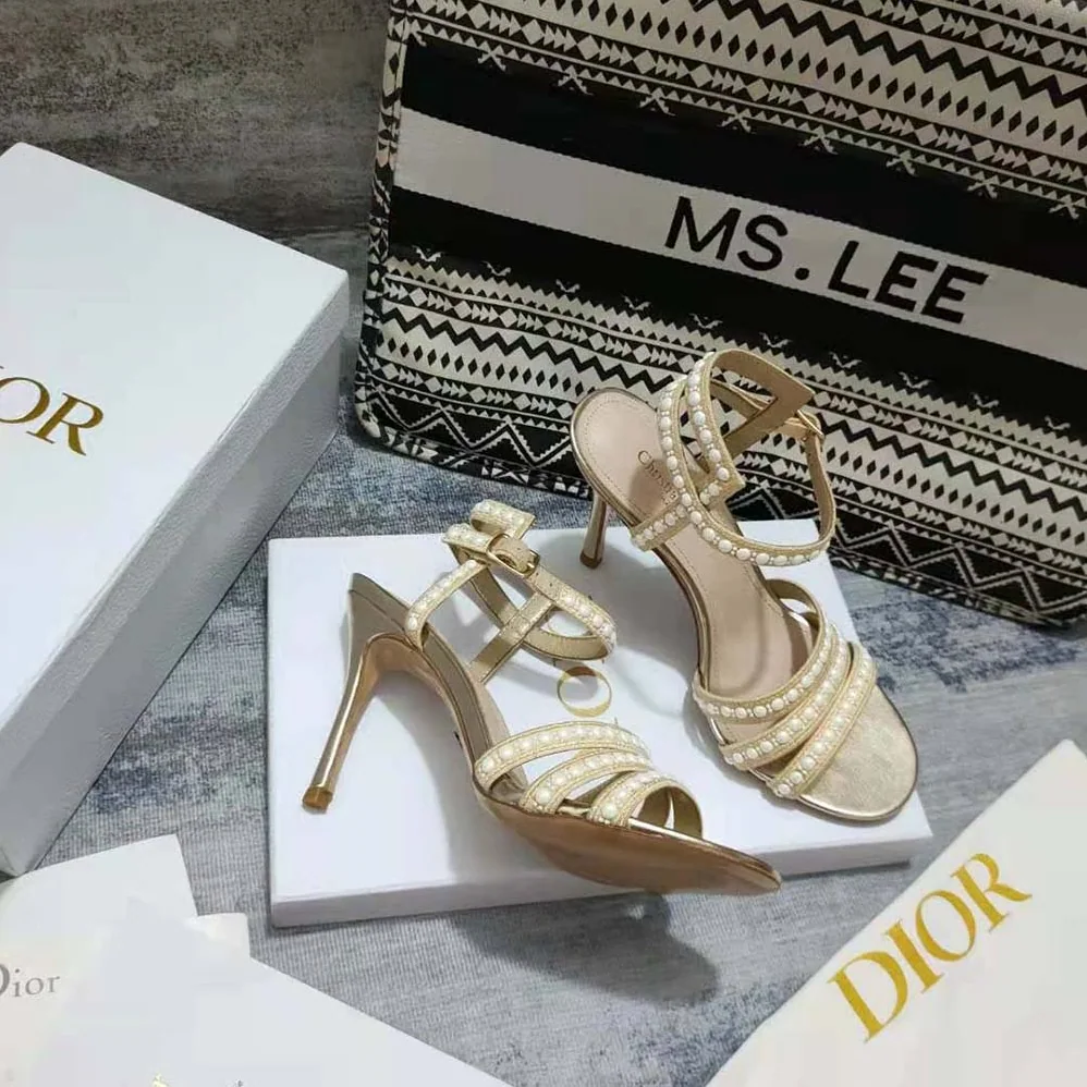 Dior Gem Heeled Sandal Cotton Embroidered with Gold-Tone Metallic Thread and White Beads and Strass for Women Dior Gem Heeled Sandal Cotton Embroidered with Gold-Tone Metallic Thread and White Beads and Strass for Women