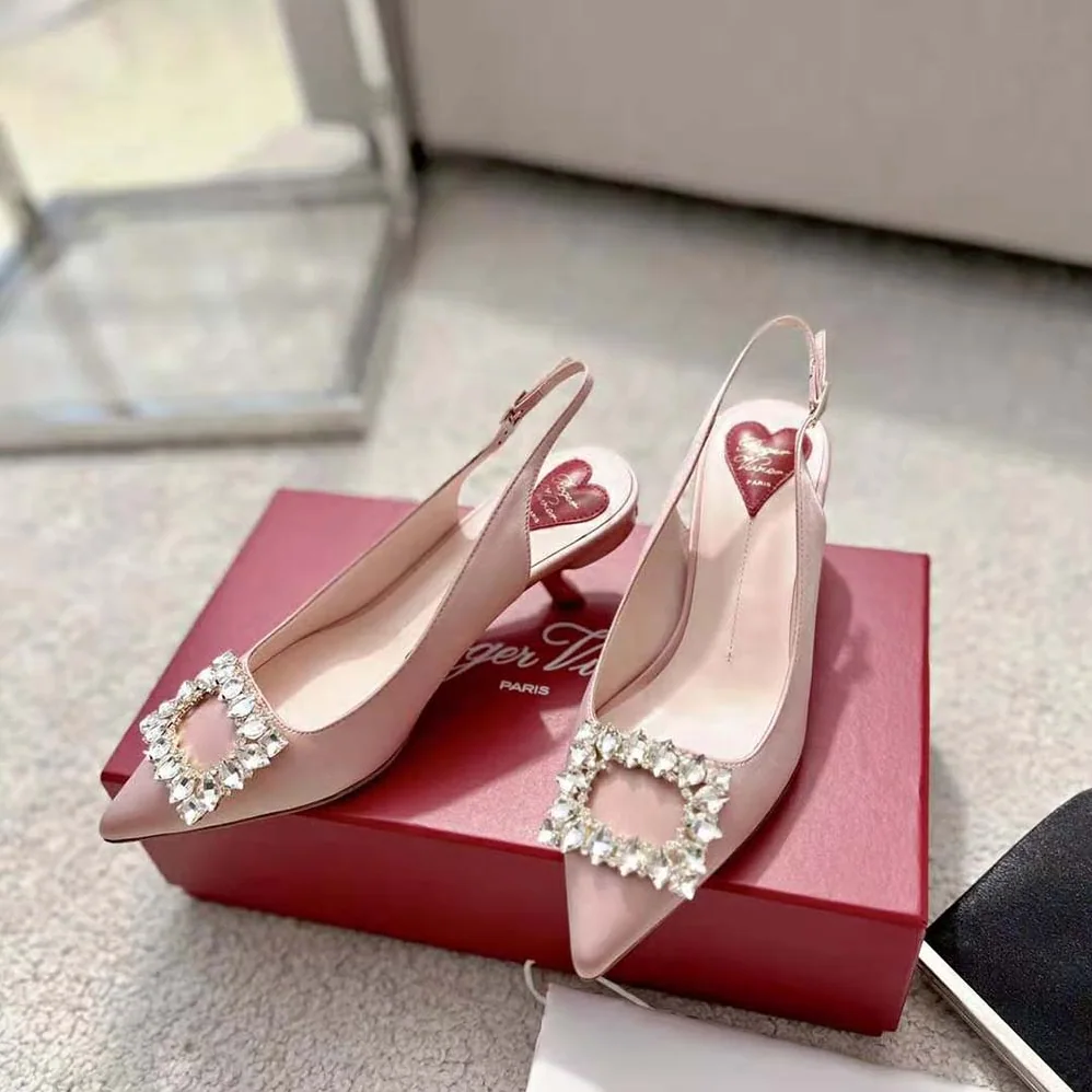 Roger Vivier Virgule Strass Buckle Slingback Pumps in Satin for Women in Pink Roger Vivier Virgule Strass Buckle Slingback Pumps in Satin for Women in Pink