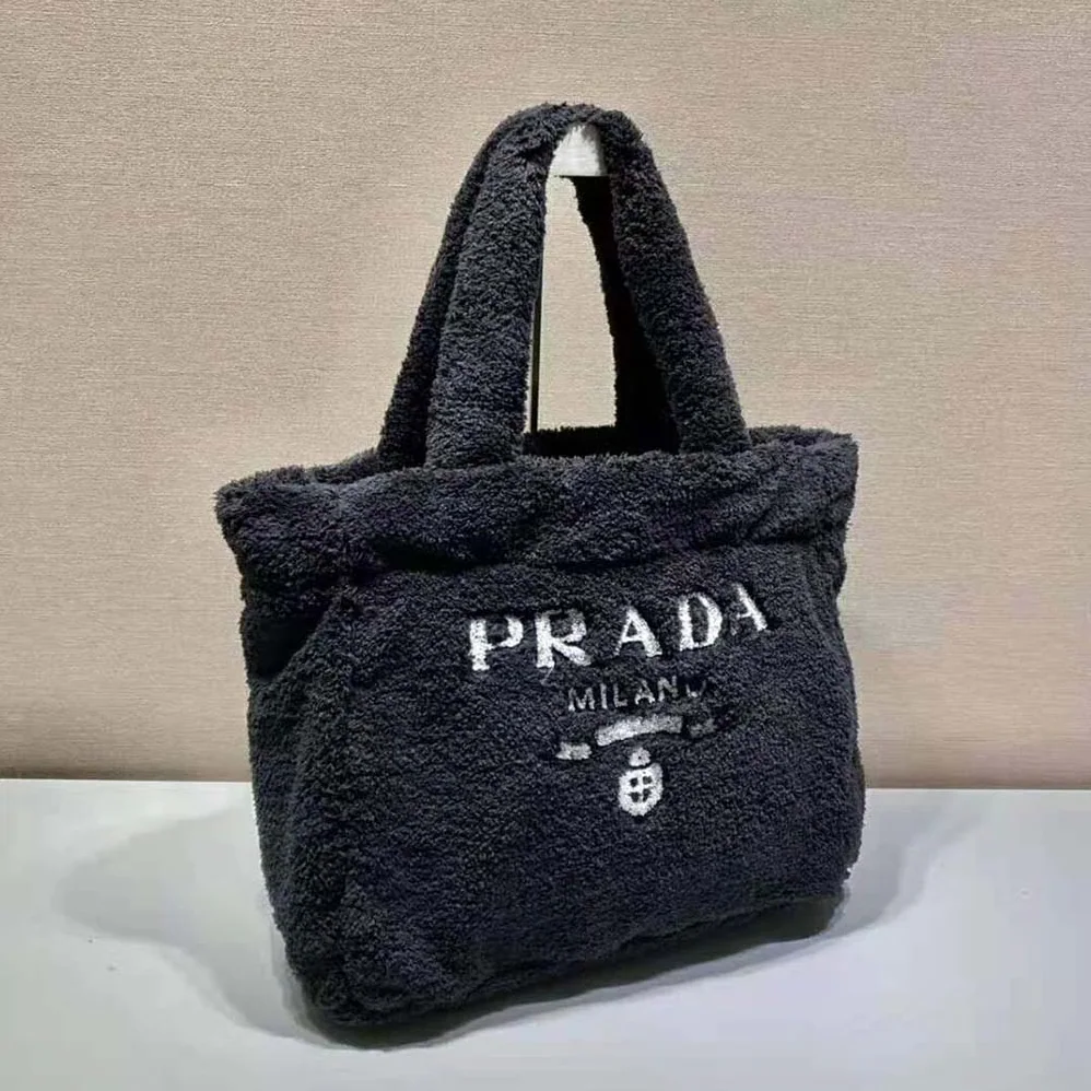 Prada Enameled Metal Triangle Logo Terry Tote Bag for Women in Black Prada Enameled Metal Triangle Logo Terry Tote Bag for Women in Black