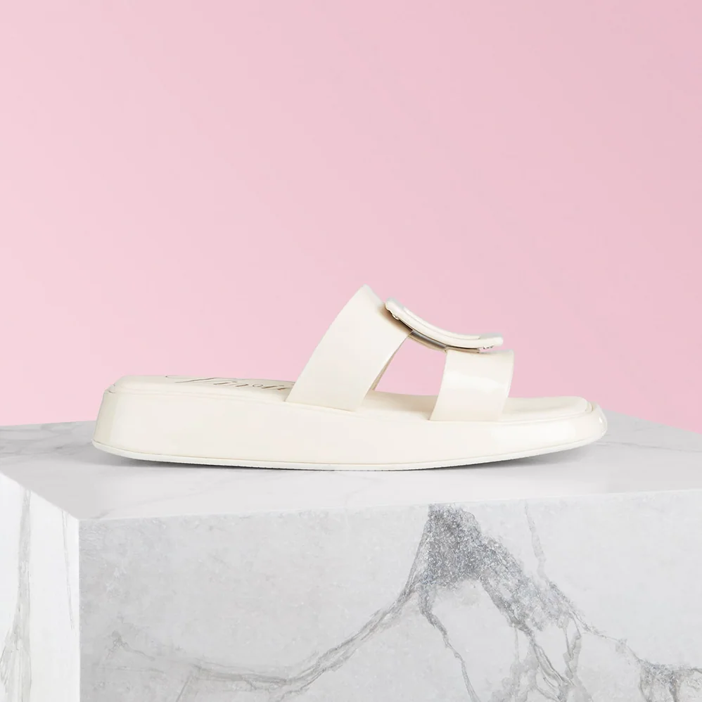 Roger Vivier Vivier Slide Covered Buckle Mules in Patent Leather for Women in White Roger Vivier Vivier Slide Covered Buckle Mules in Patent Leather for Women in White