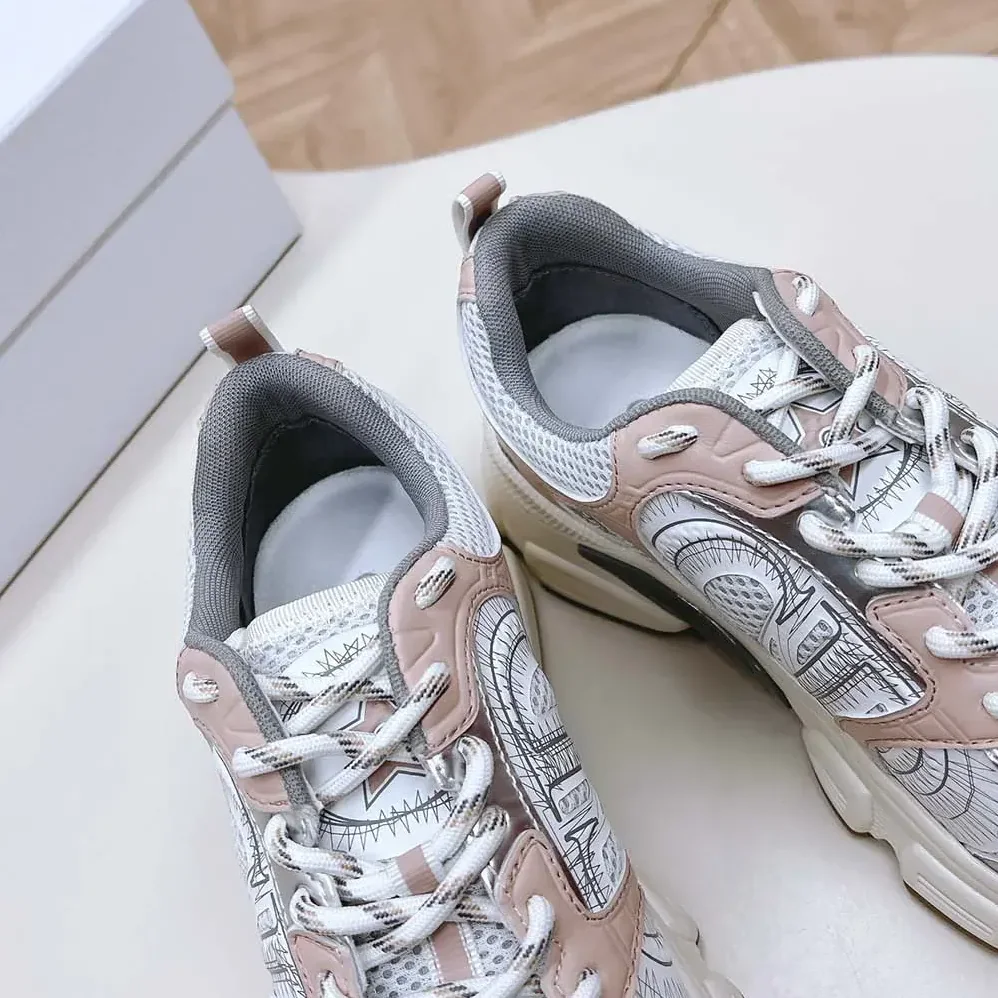 Dior Chrono Sneaker White Mesh with Nude and Silver-Tone Laminated Leather for Women in Effect Panels