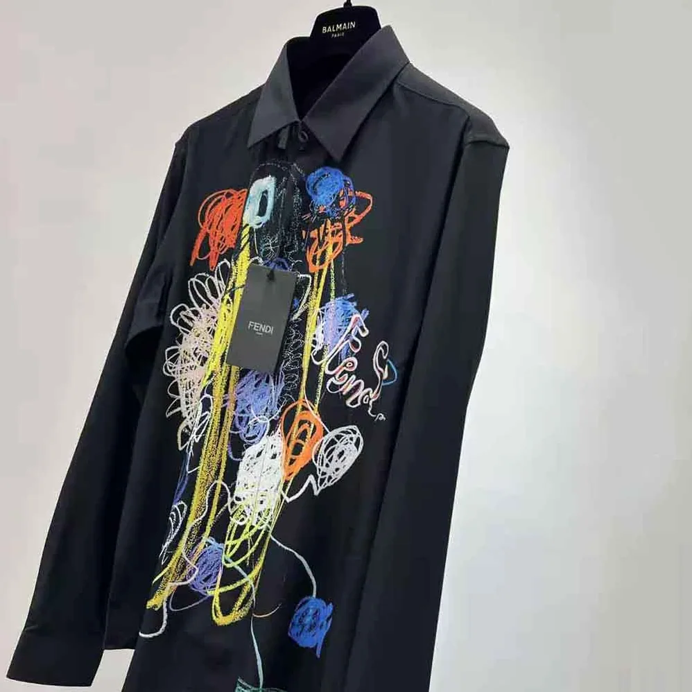 Fendi Black Cotton Shirt with Mid Ltalian Collar and Short Sleeves for Men Fendi Black Cotton Shirt with Mid Ltalian Collar and Short Sleeves for Men