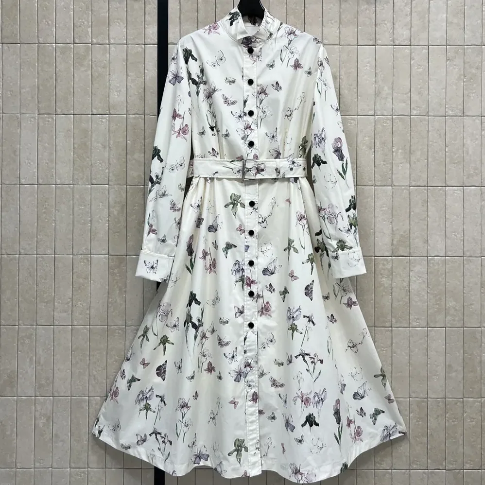 Dior Mid-Length Belted Shirtdress Beige Silk Twill with Multicolor Butterflies & Iris Motif for Women