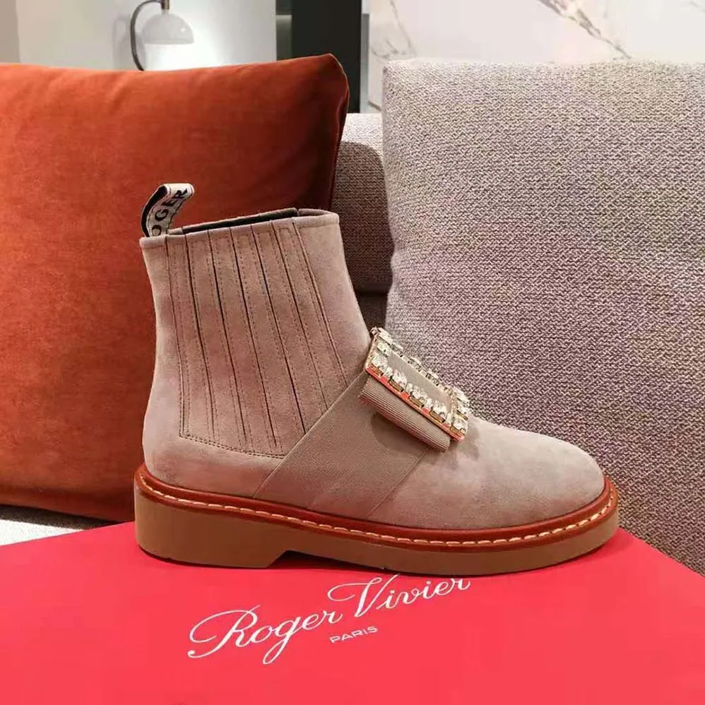 Roger Vivier Viv' Rangers Strass Buckle Chelsea Booties in Suede for Women Roger Vivier Viv' Rangers Strass Buckle Chelsea Booties in Suede for Women