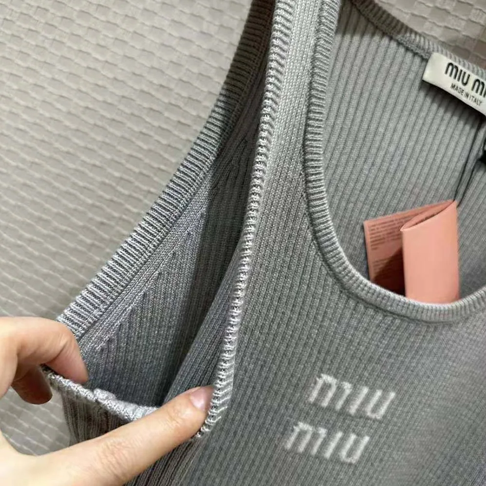Miu Miu Cotton Knit Tank Top for Women in Silver